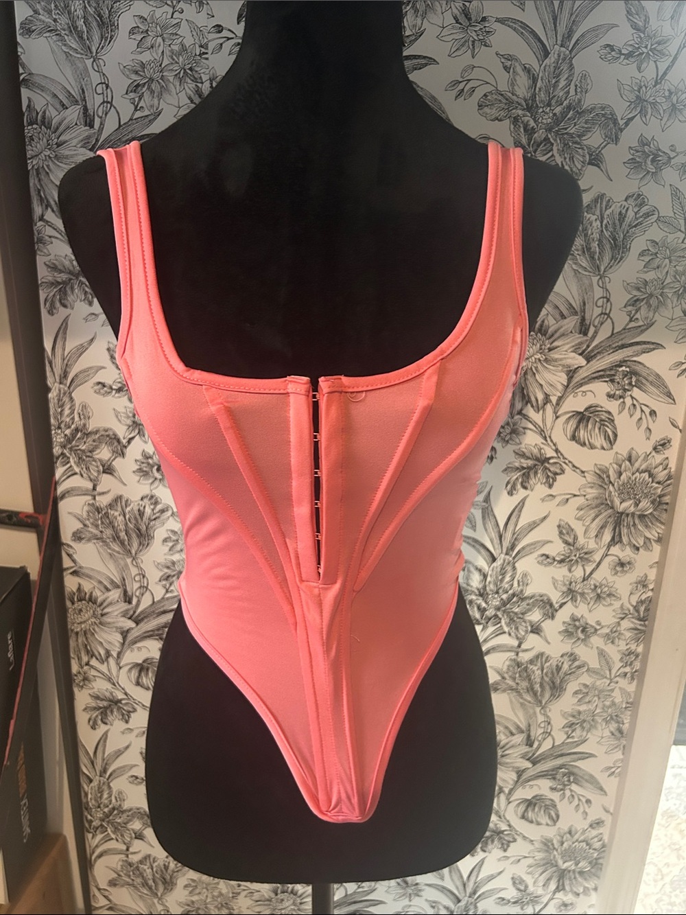 PrettyLittleThing Coral Sculpted Hook-Front Bodysuit